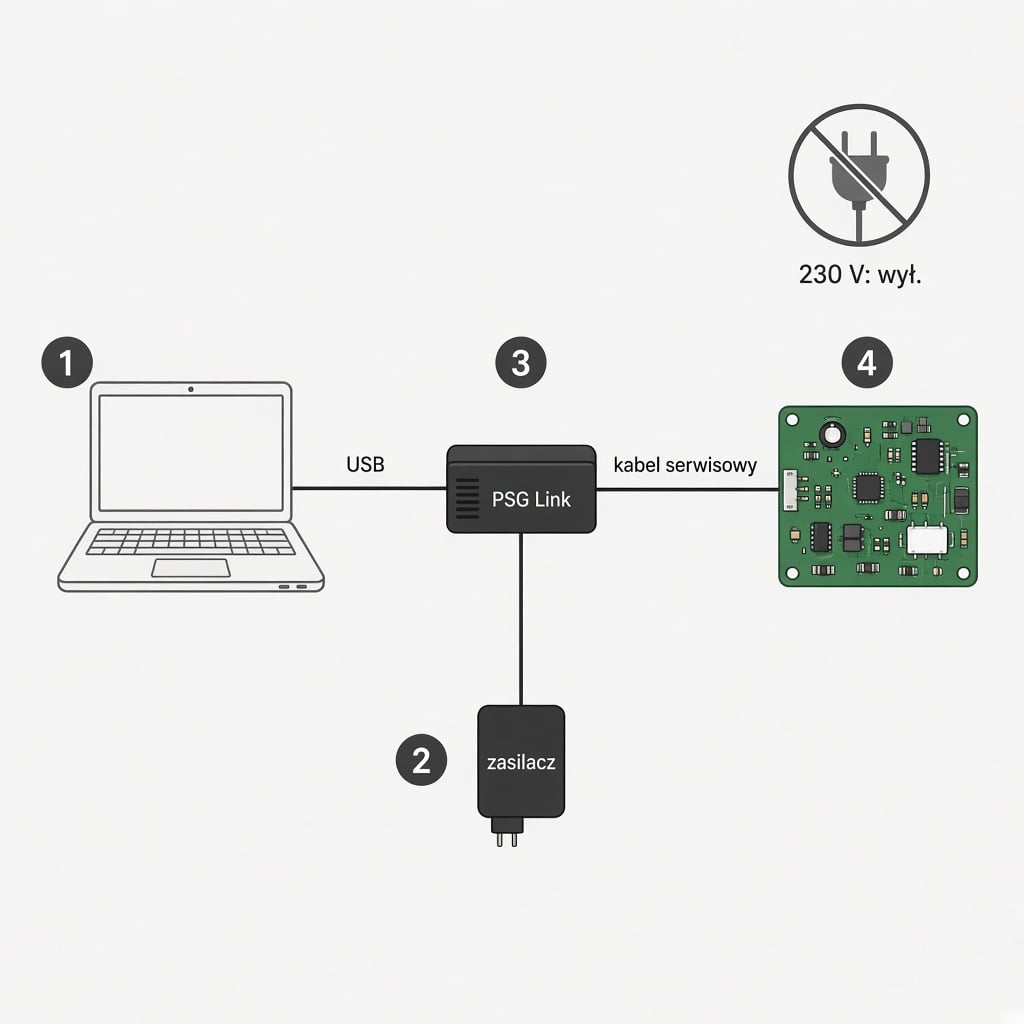 Schemat podłączenia PSG Link: komputer — USB — programator — kabel serwisowy — płyta ekspresu; zasilacz do programatora; ekspres odłączony od 230 V