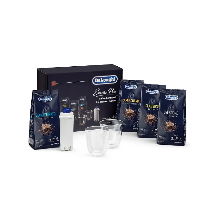 Zestaw Essential z kawą ziarnistą De`Longhi 4x250 g, szklankami do Cappuccino x2 i filtrem do wody DELONGHI